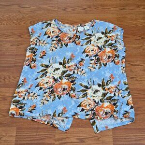Joie Top Womens Large Blue Floral Linen Short Sleeve Casual Beachy Button Back